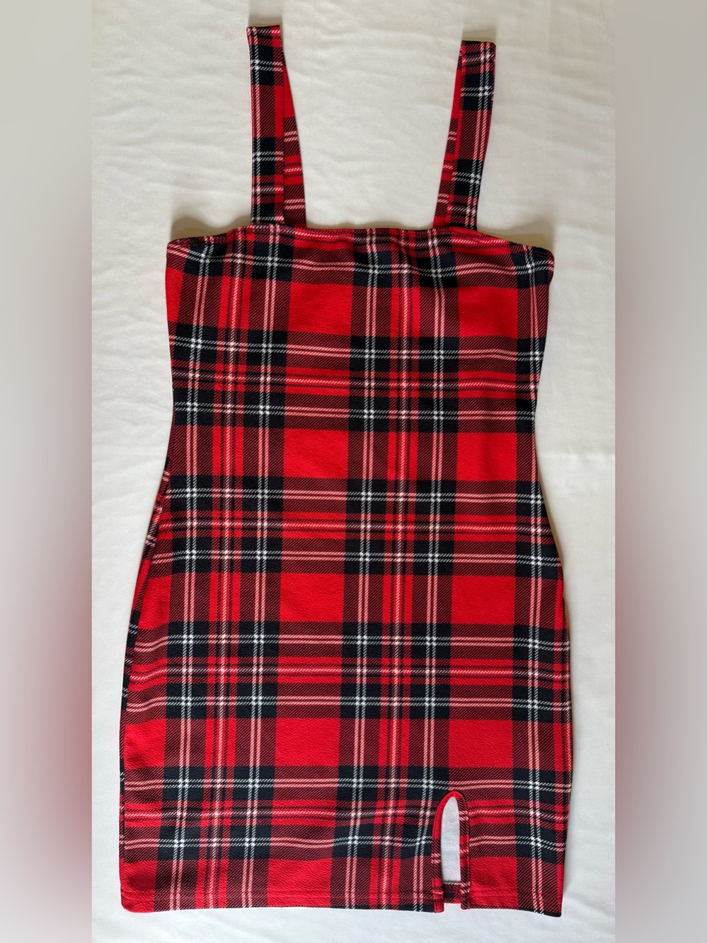 SHEIN-Red, Black and White Plaid Fitted Mini Dress